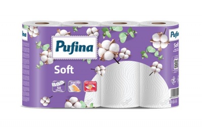 Háztartási papírtörlő, 2 rétegű, 50 lap, 4 tekercses, PUFINA "Soft"